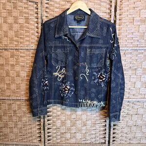 Alex Kim Embellished Denim Jacket Women's Artistic Blue Jean Coat Boho